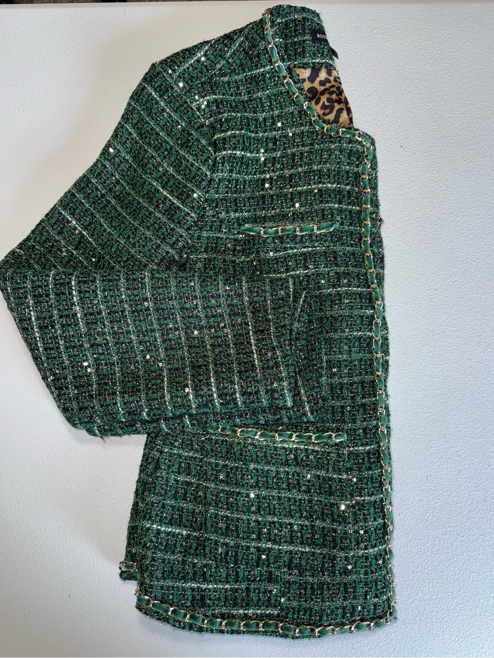 Boston Proper Size 10 Emerald Green Tweed Chain Detail Sequin Jacket Blazer - Picture 3 of 15
